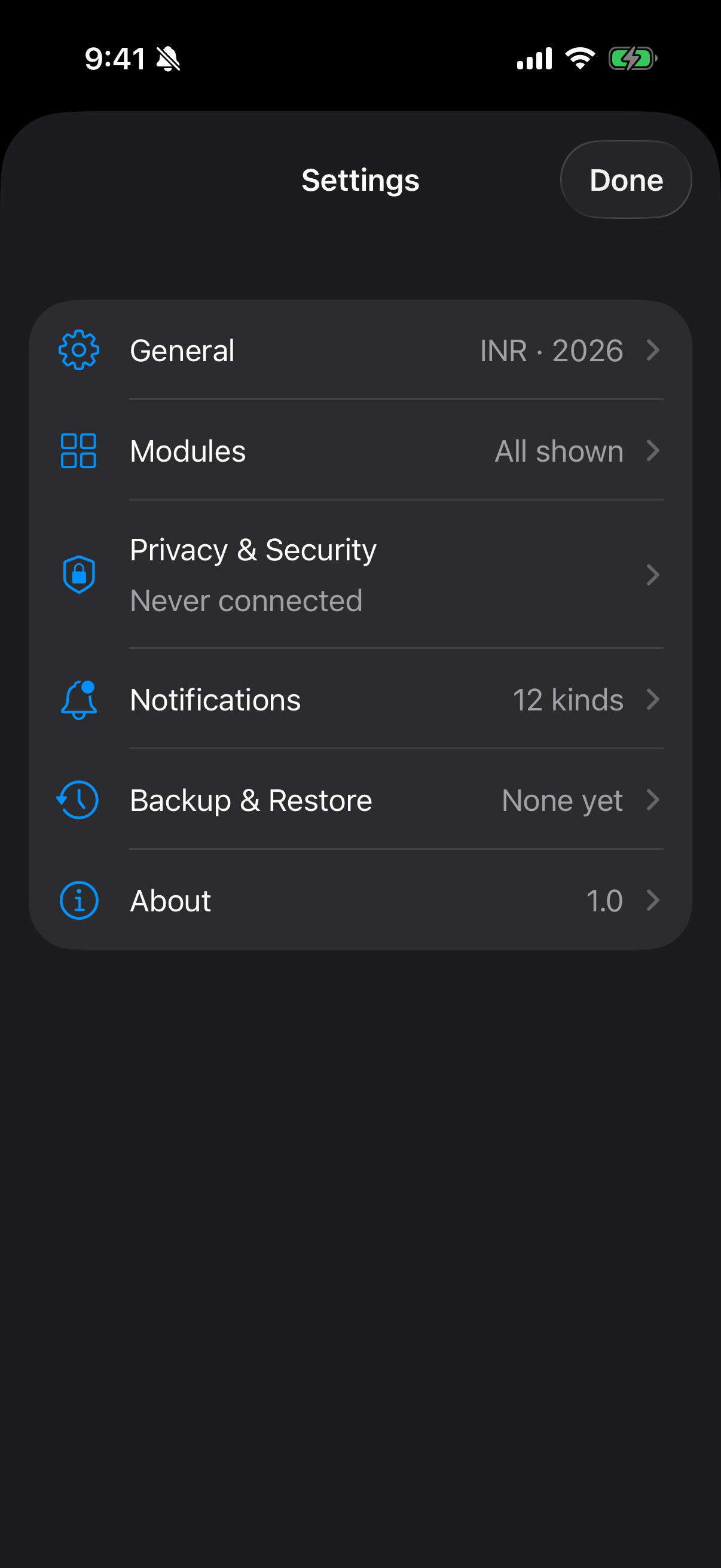 The Settings index on iPhone. Each row shows its live value, so you can see the current state without opening anything.