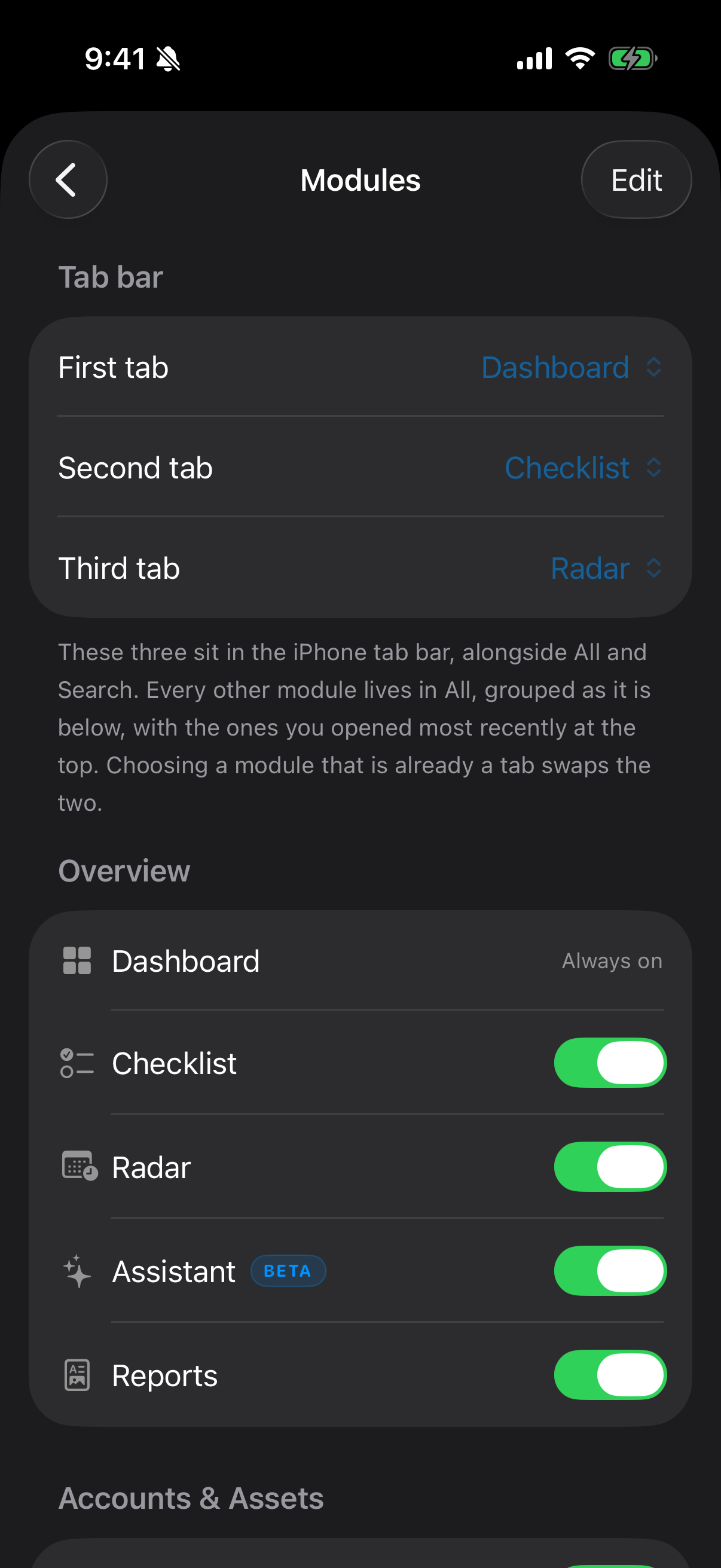 Modules — show, hide, reorder, and pick the iPhone tab bar.
