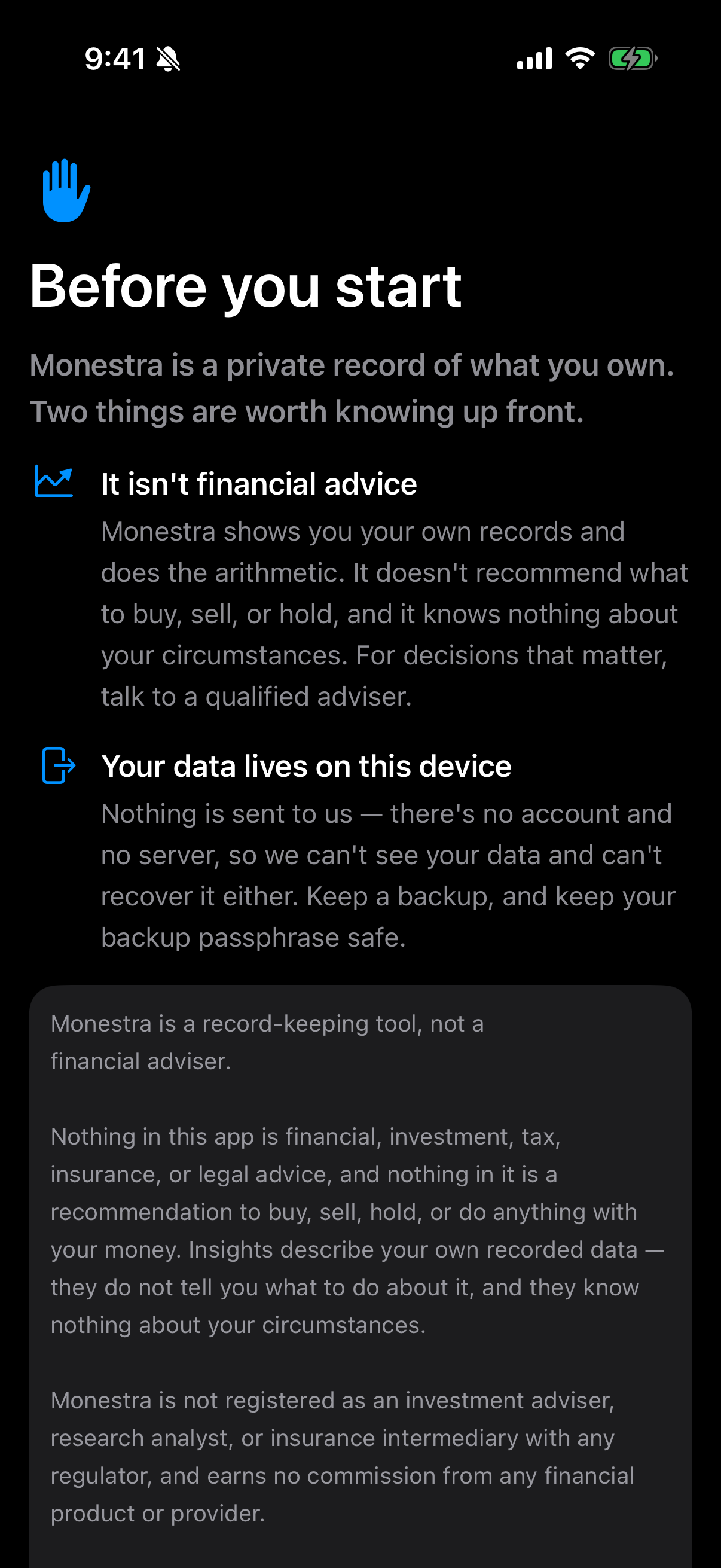 The one-time acknowledgement. It sits above the lock, so it is the first thing on a new install and never appears again unless the document changes.