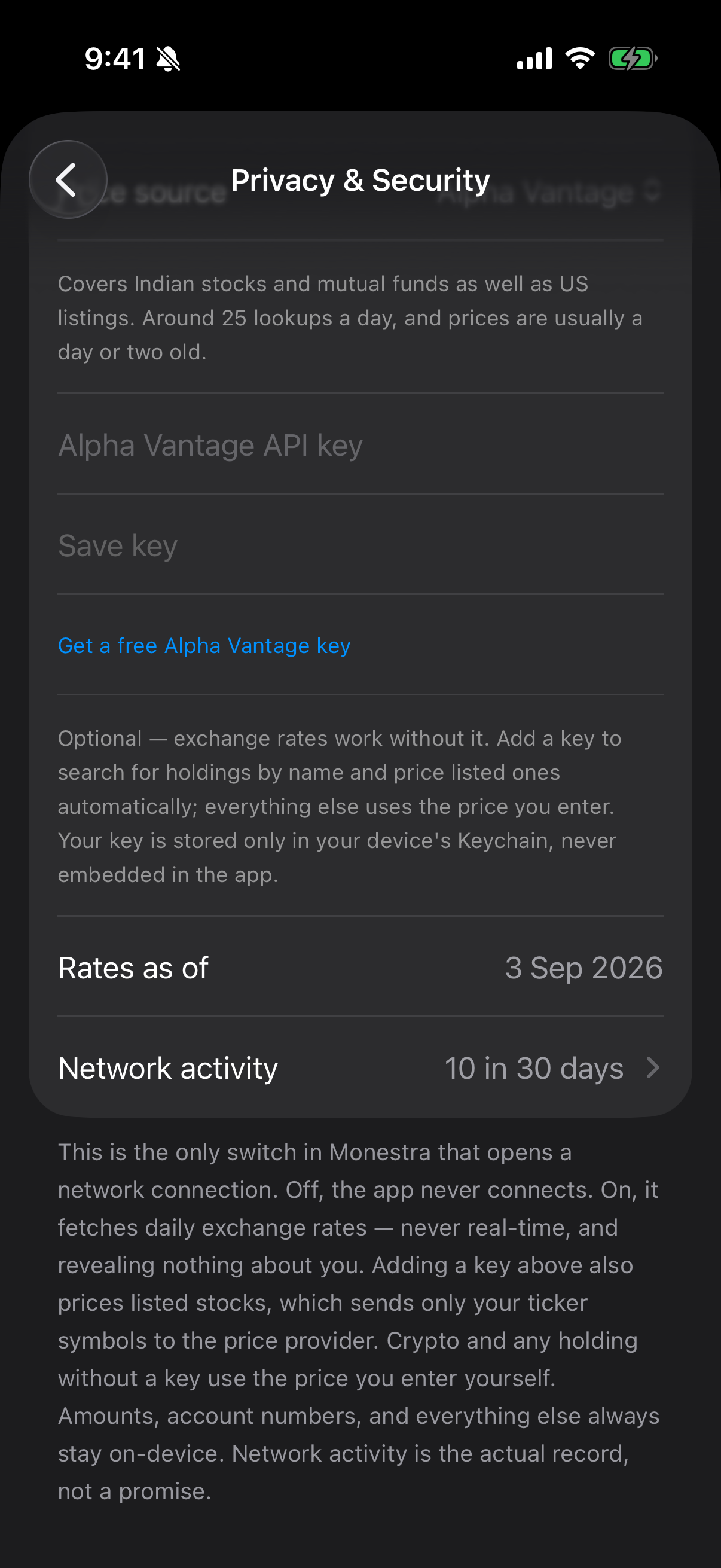On, with a provider chosen and a key saved.