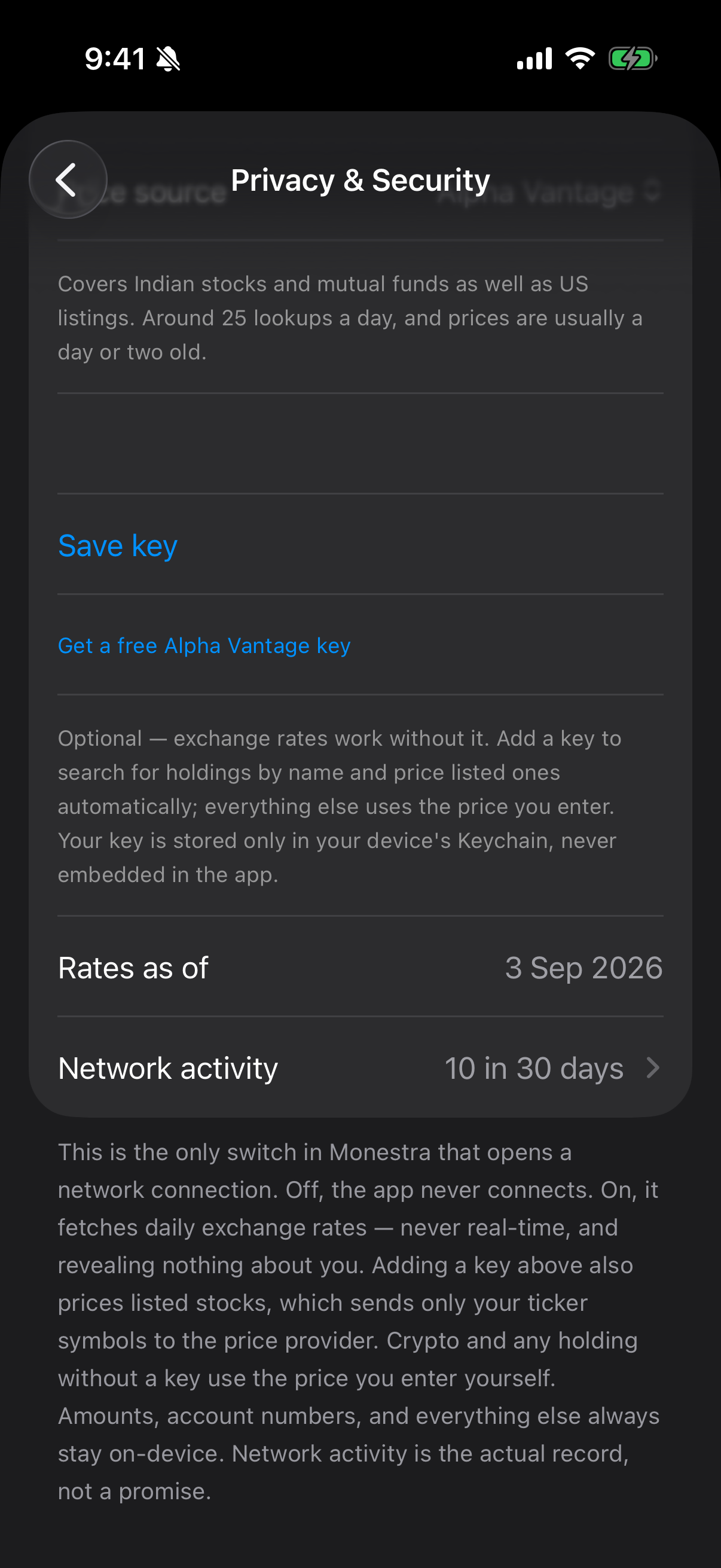 Entering a key. It is masked as you type and cleared from the field once saved.