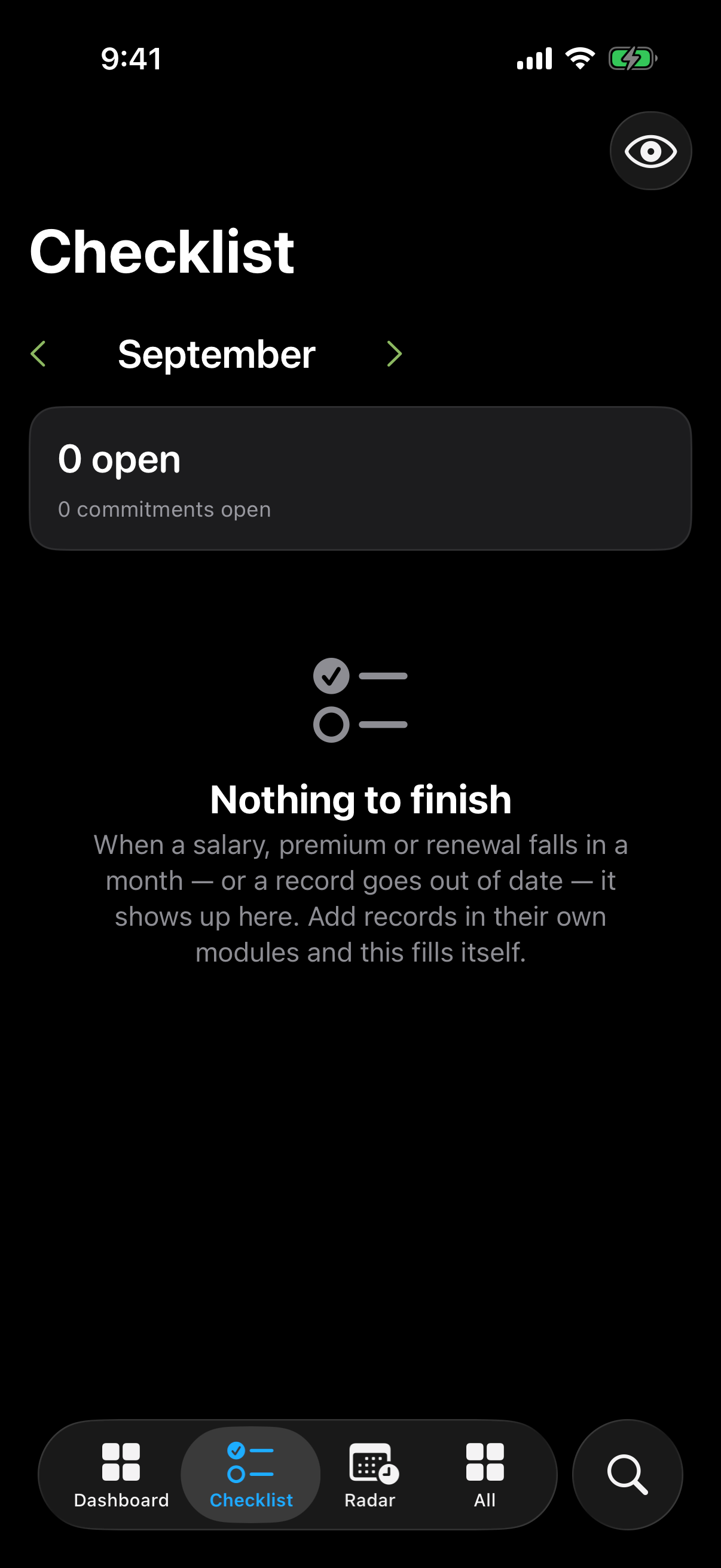 With nothing recorded there is nothing to finish — and the Checklist says so rather than showing an empty table.