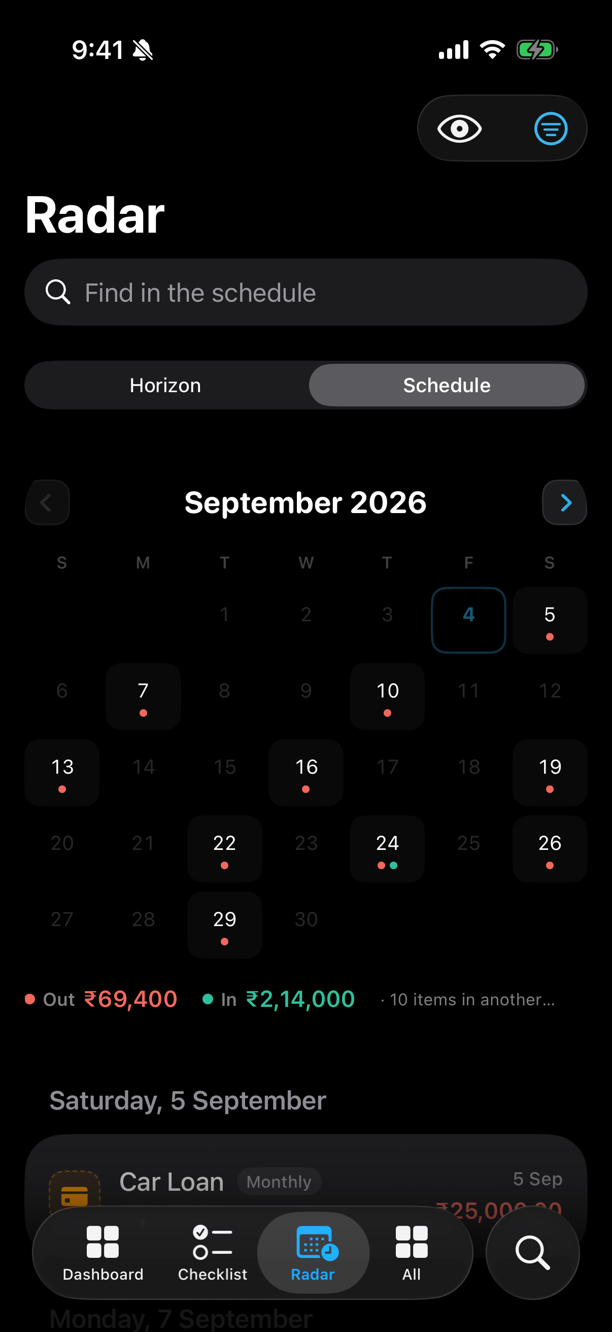A month of direction dots, indexing the day-grouped list below.