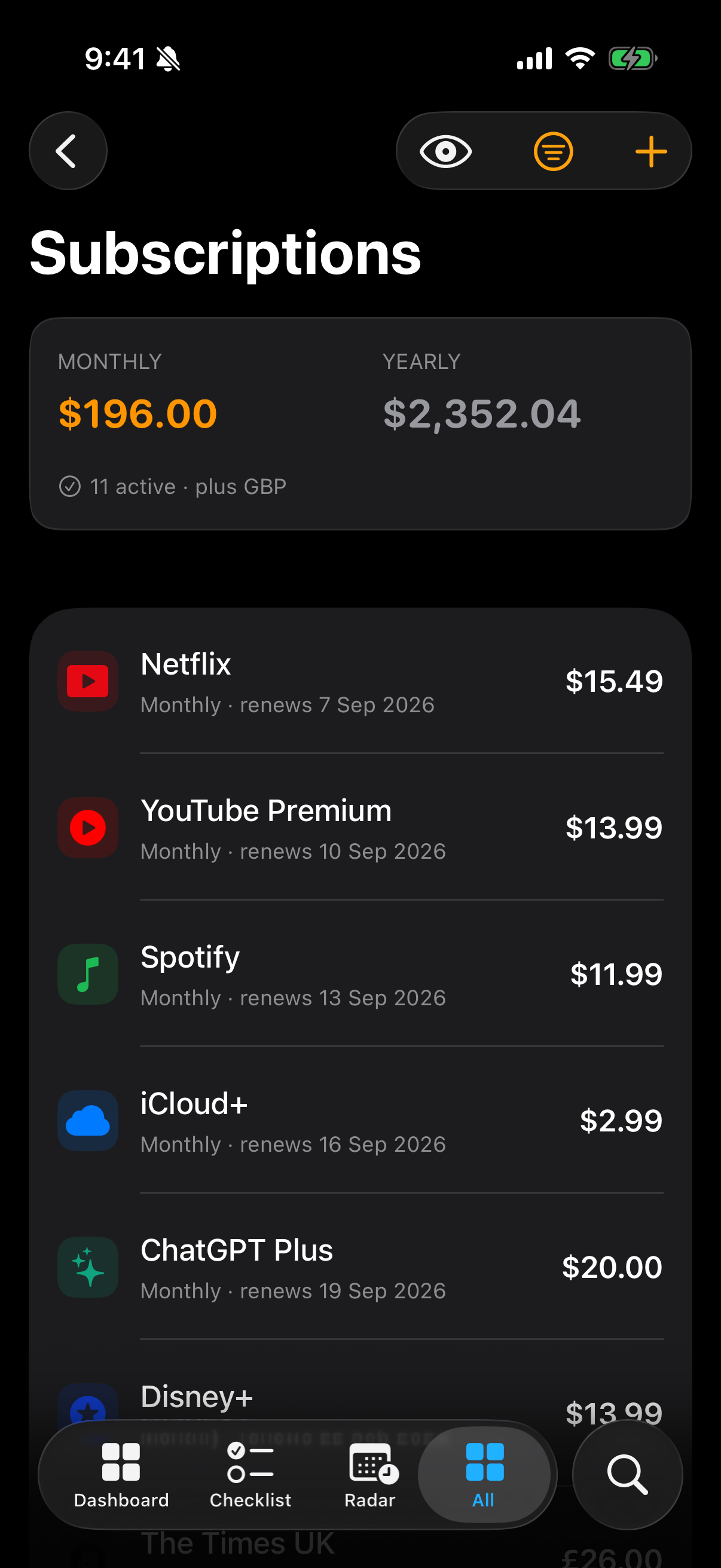 The list, with normalised monthly spend above it.