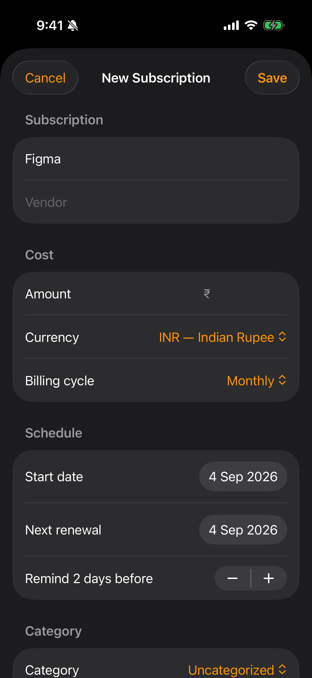 Name, amount, currency and billing cycle.