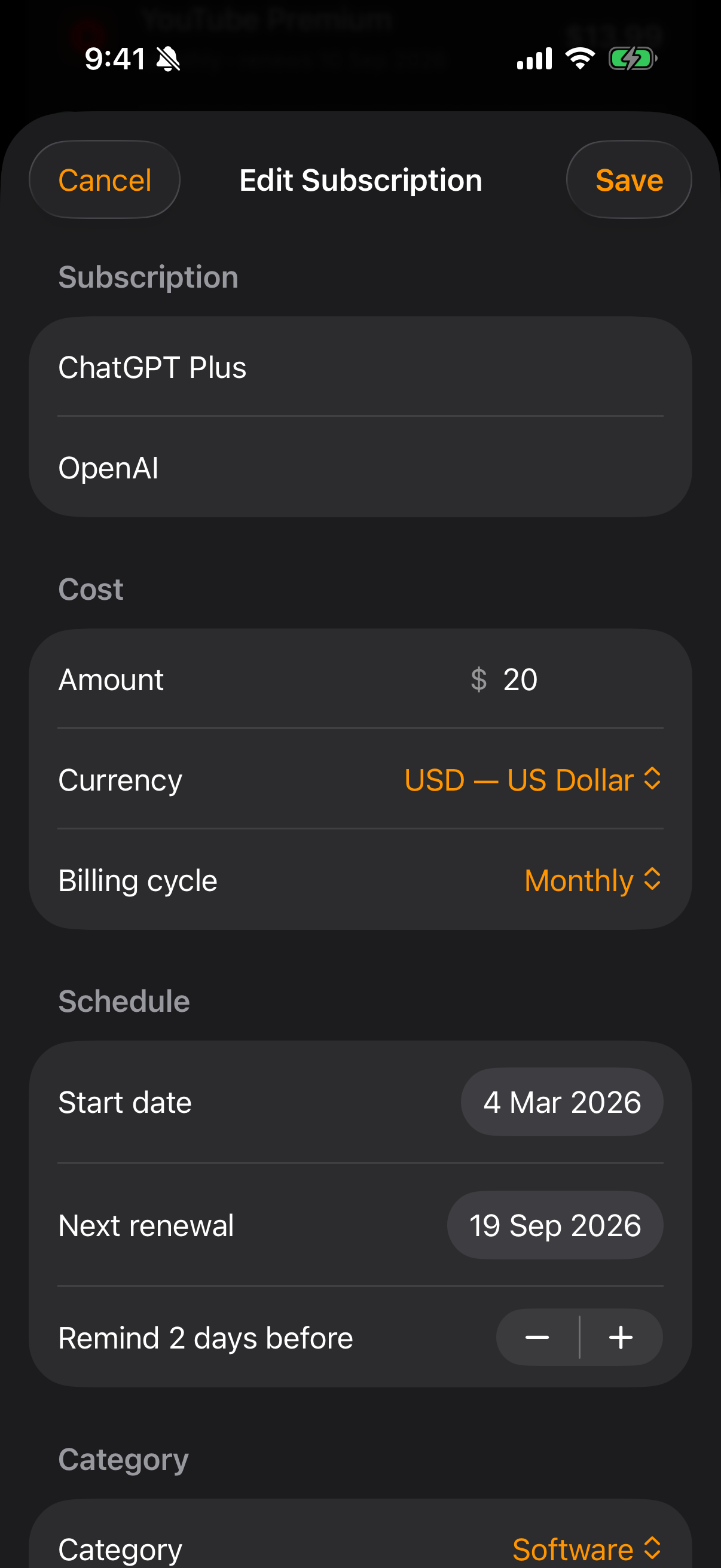 A subscription and its payments.