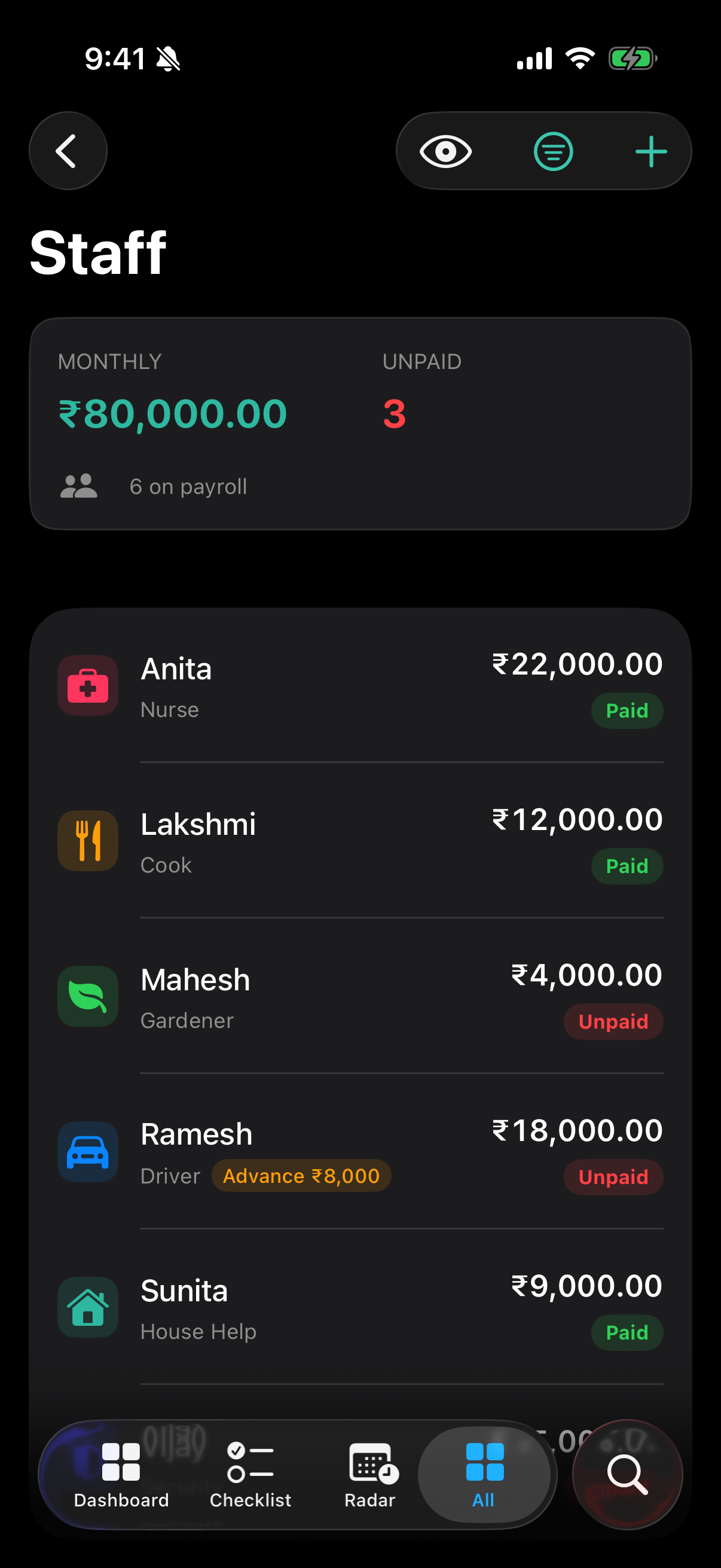 The roster, with this month's paid and unpaid state.