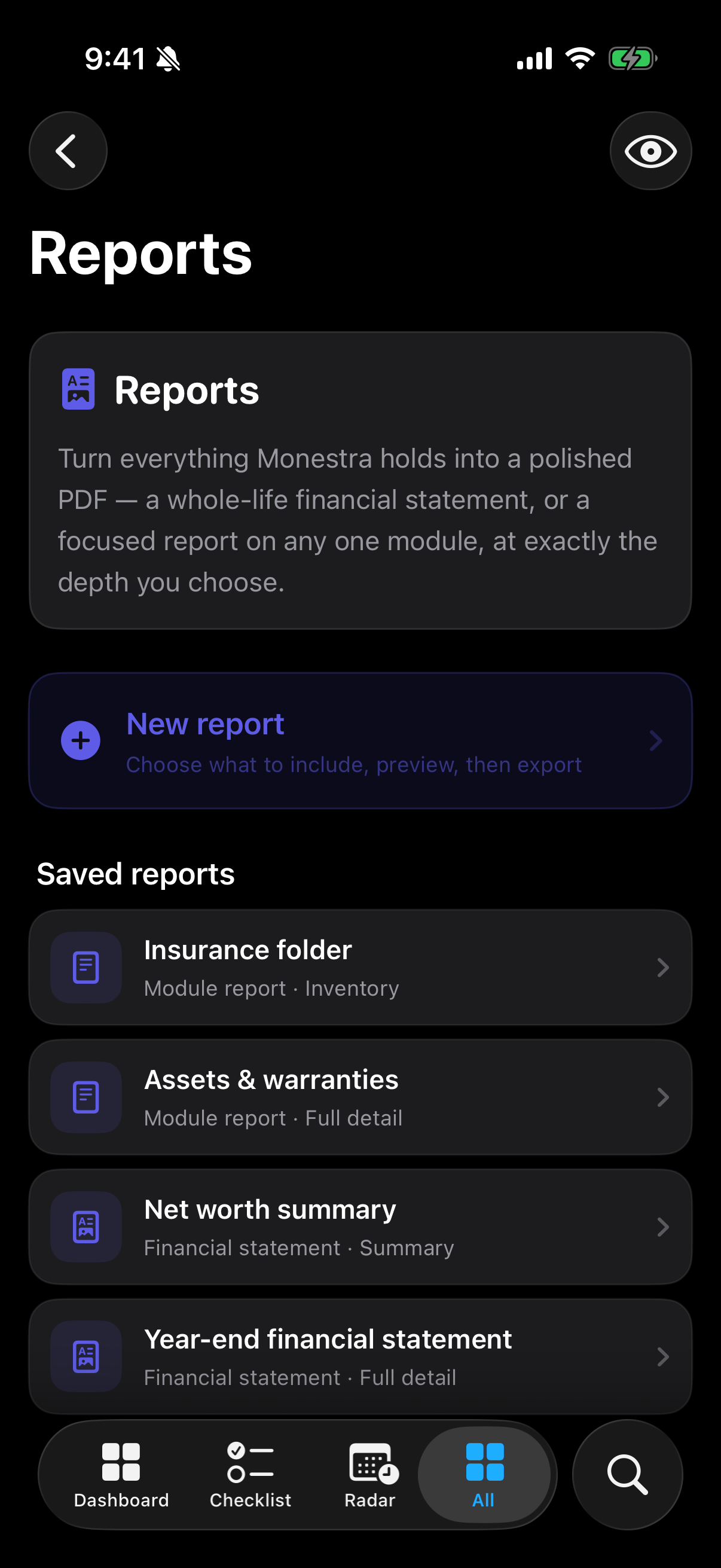 The Reports screen, with saved recipes.
