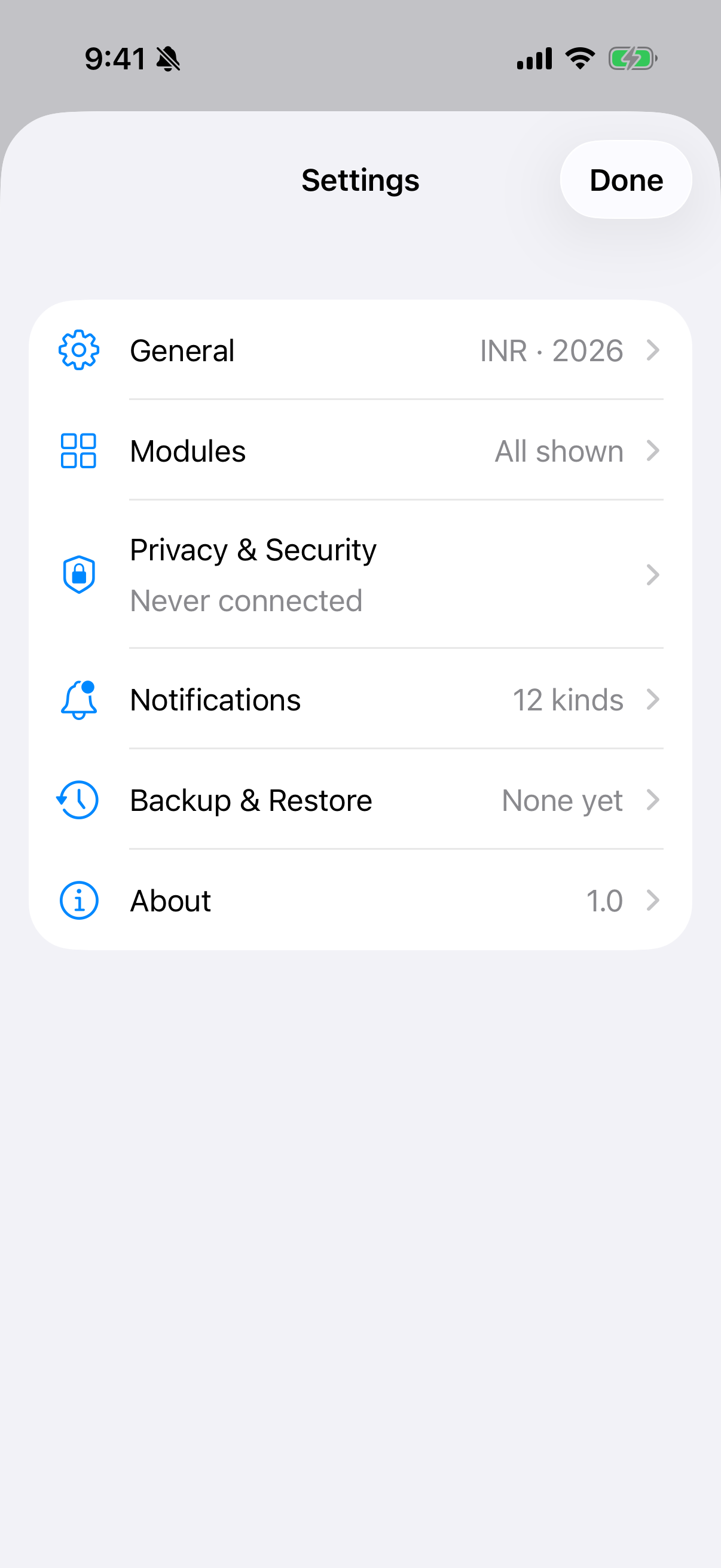 The Settings index on iPhone. Each row shows its live value, so you can see the current state without opening anything.