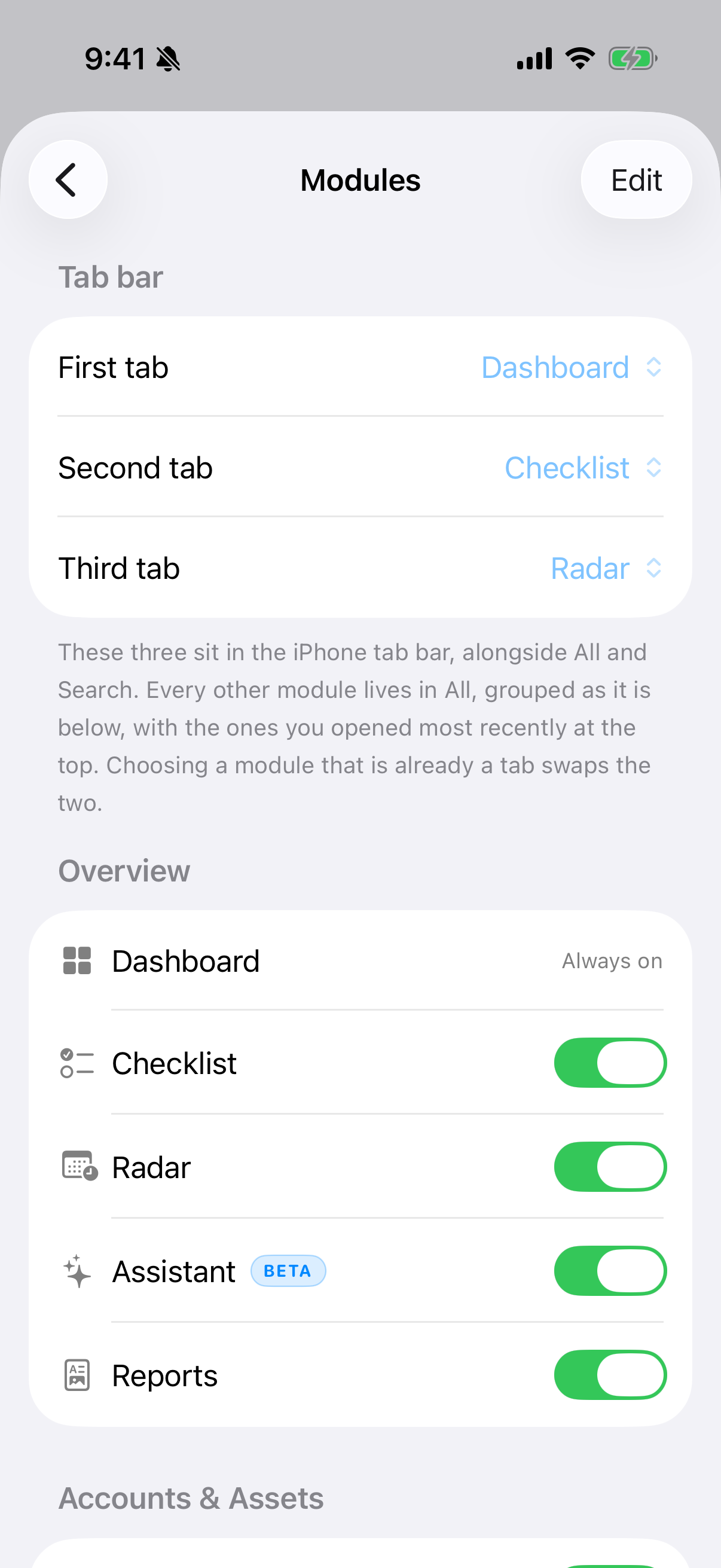 Modules — show, hide, reorder, and pick the iPhone tab bar.