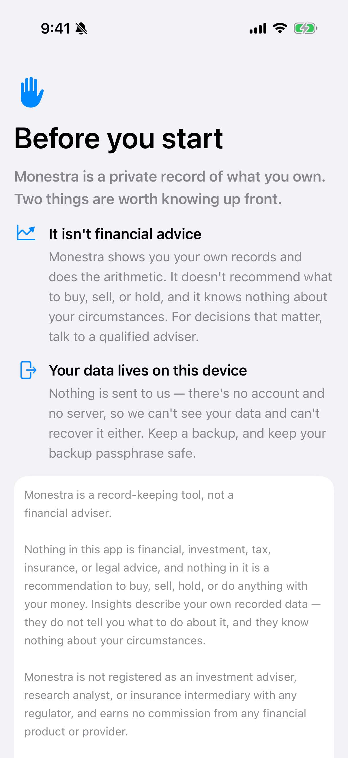 The one-time acknowledgement. It sits above the lock, so it is the first thing on a new install and never appears again unless the document changes.