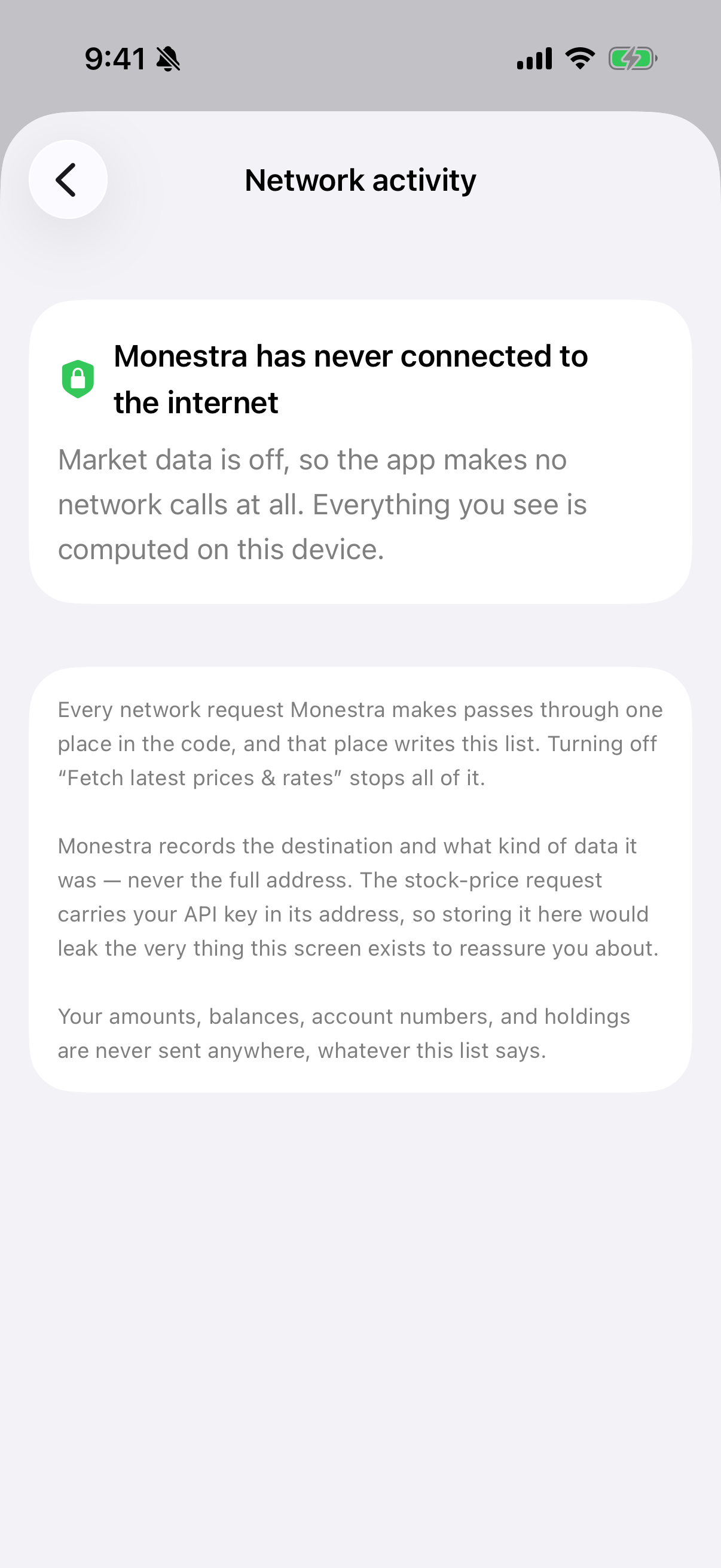 Not a promise that the app has not connected — a record that it has not.