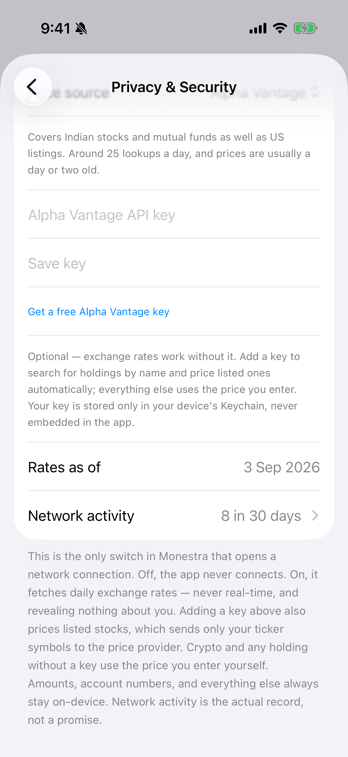 On, with a provider chosen and a key saved.