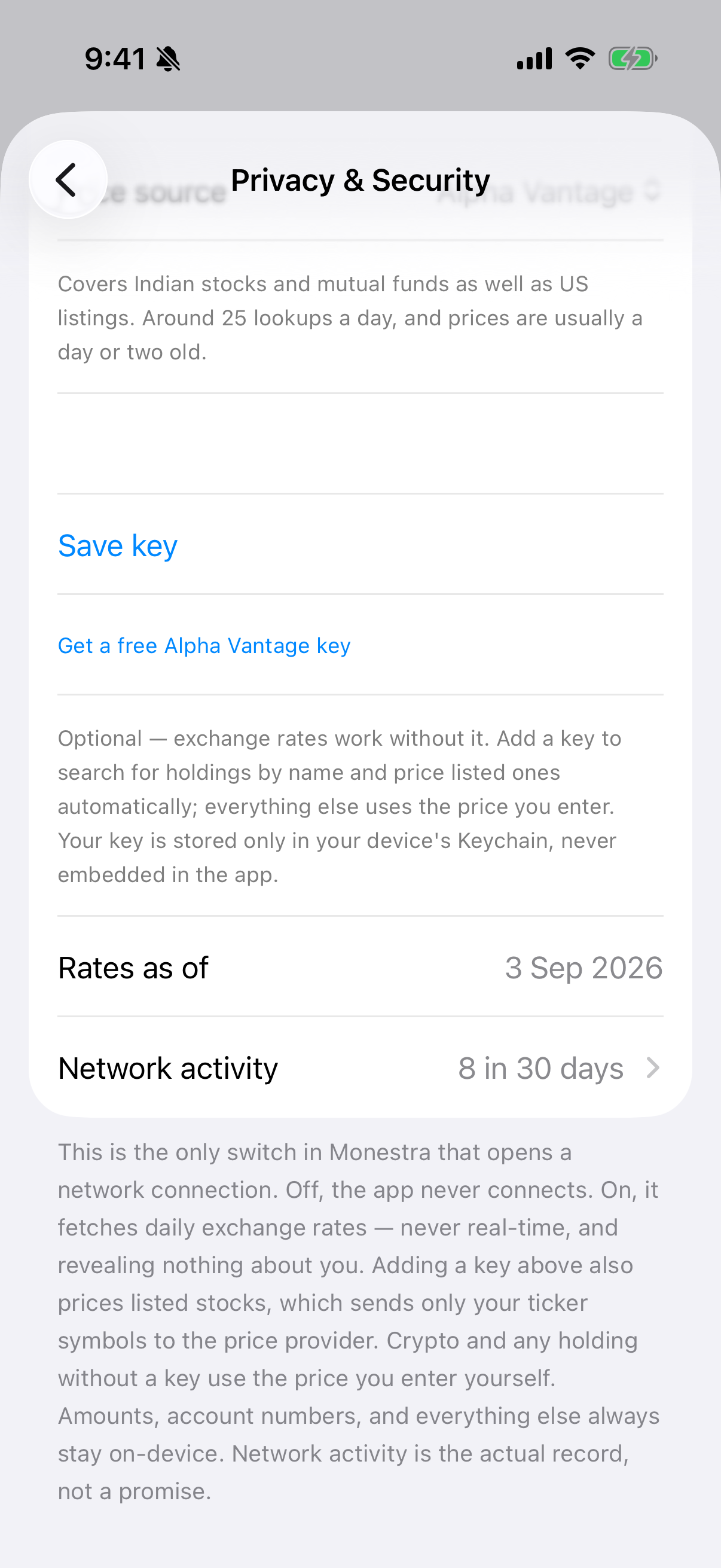 Entering a key. It is masked as you type and cleared from the field once saved.