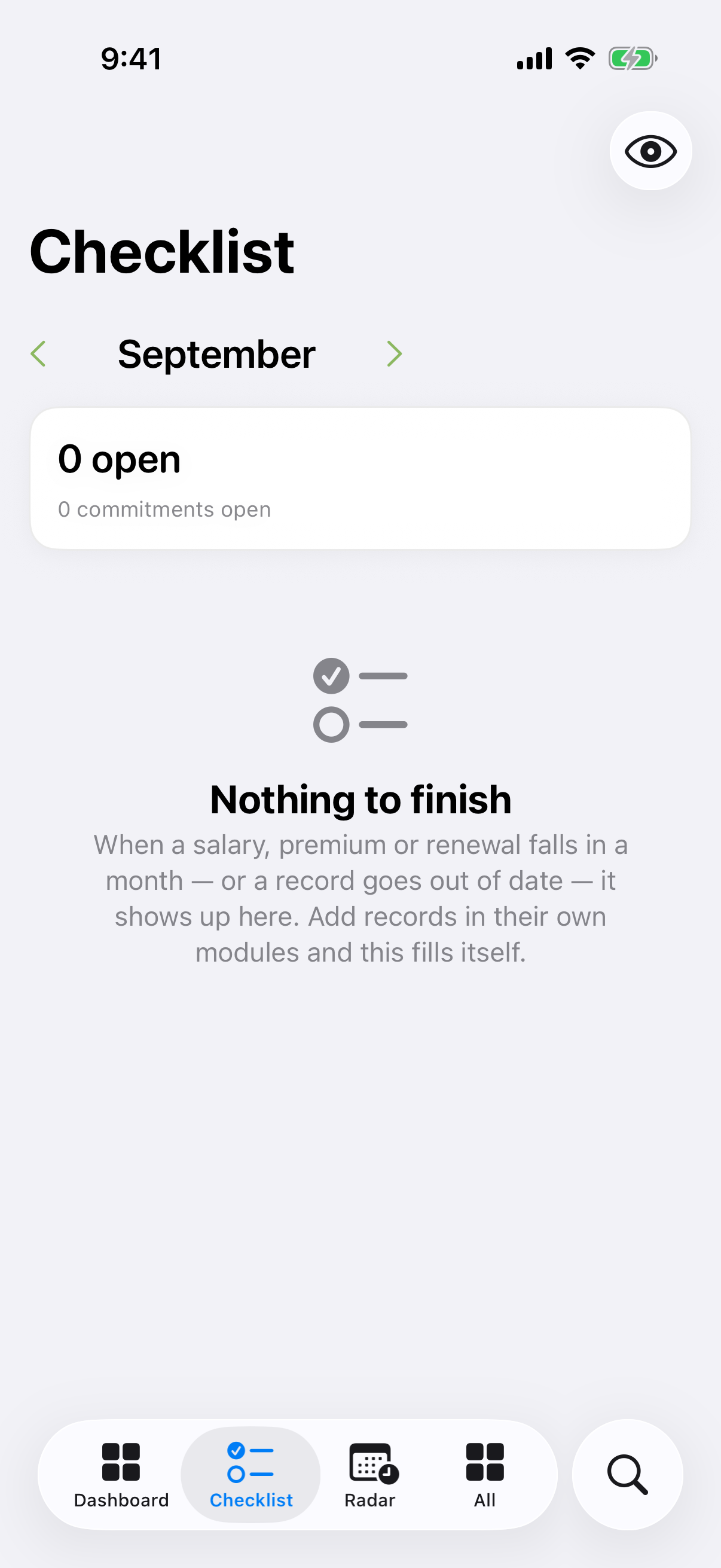 With nothing recorded there is nothing to finish — and the Checklist says so rather than showing an empty table.