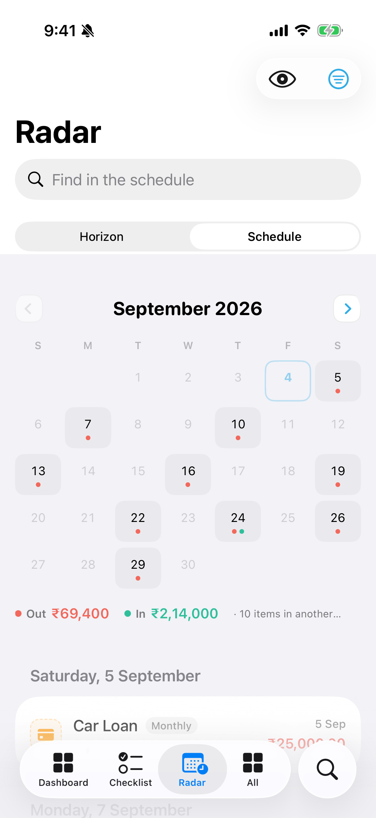A month of direction dots, indexing the day-grouped list below.