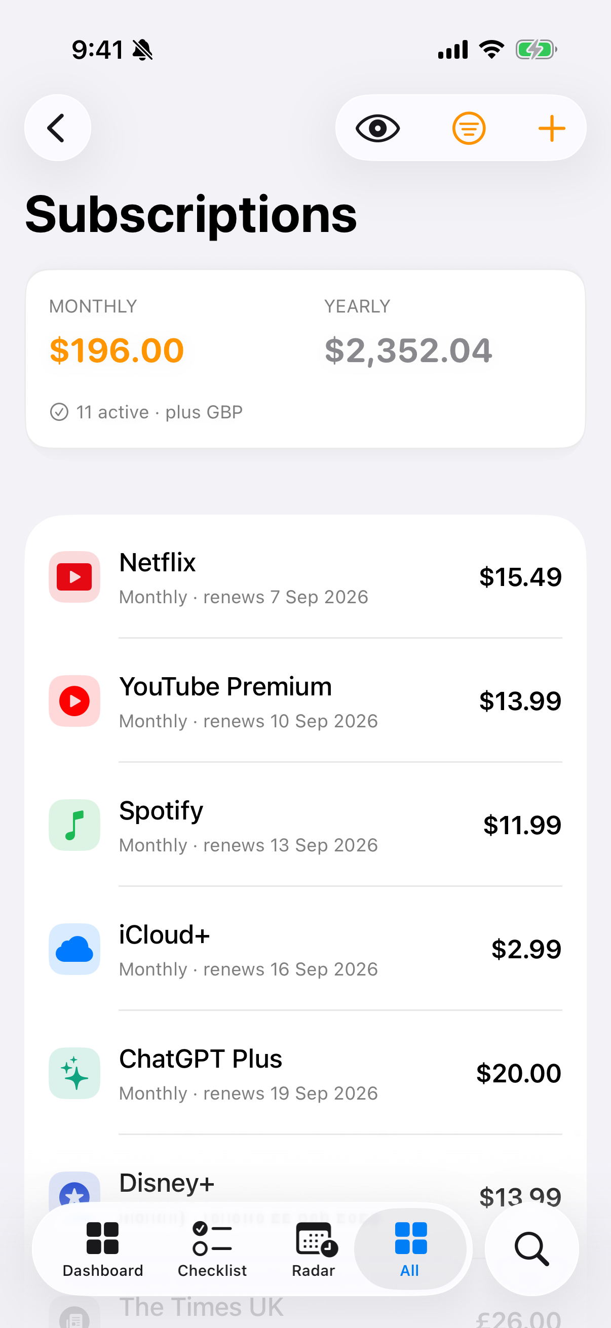 The list, with normalised monthly spend above it.