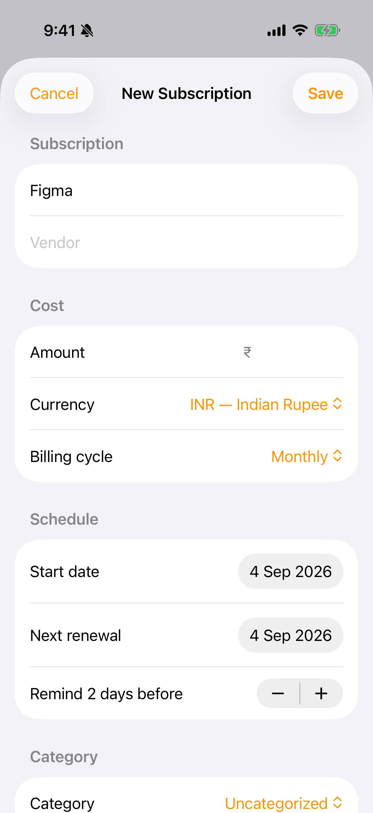 Name, amount, currency and billing cycle.