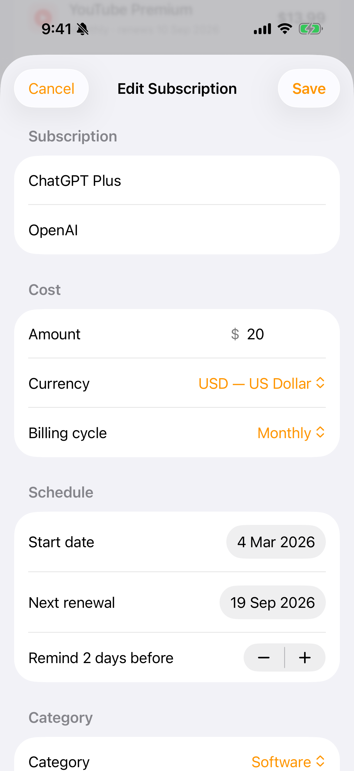 A subscription and its payments.