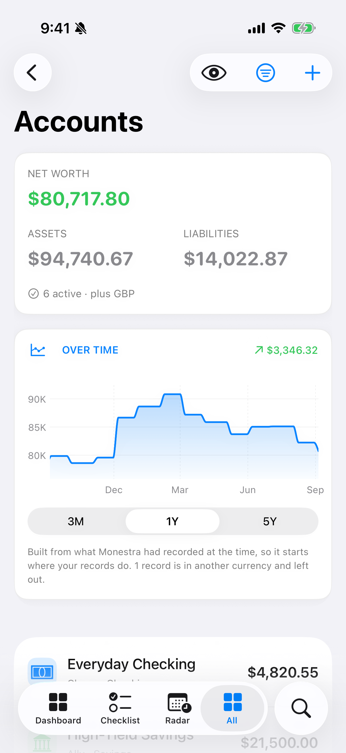 A module root screen on iPhone. The summary card sits above the records, and the container owns the margins so the card lines up with the rows beneath it.