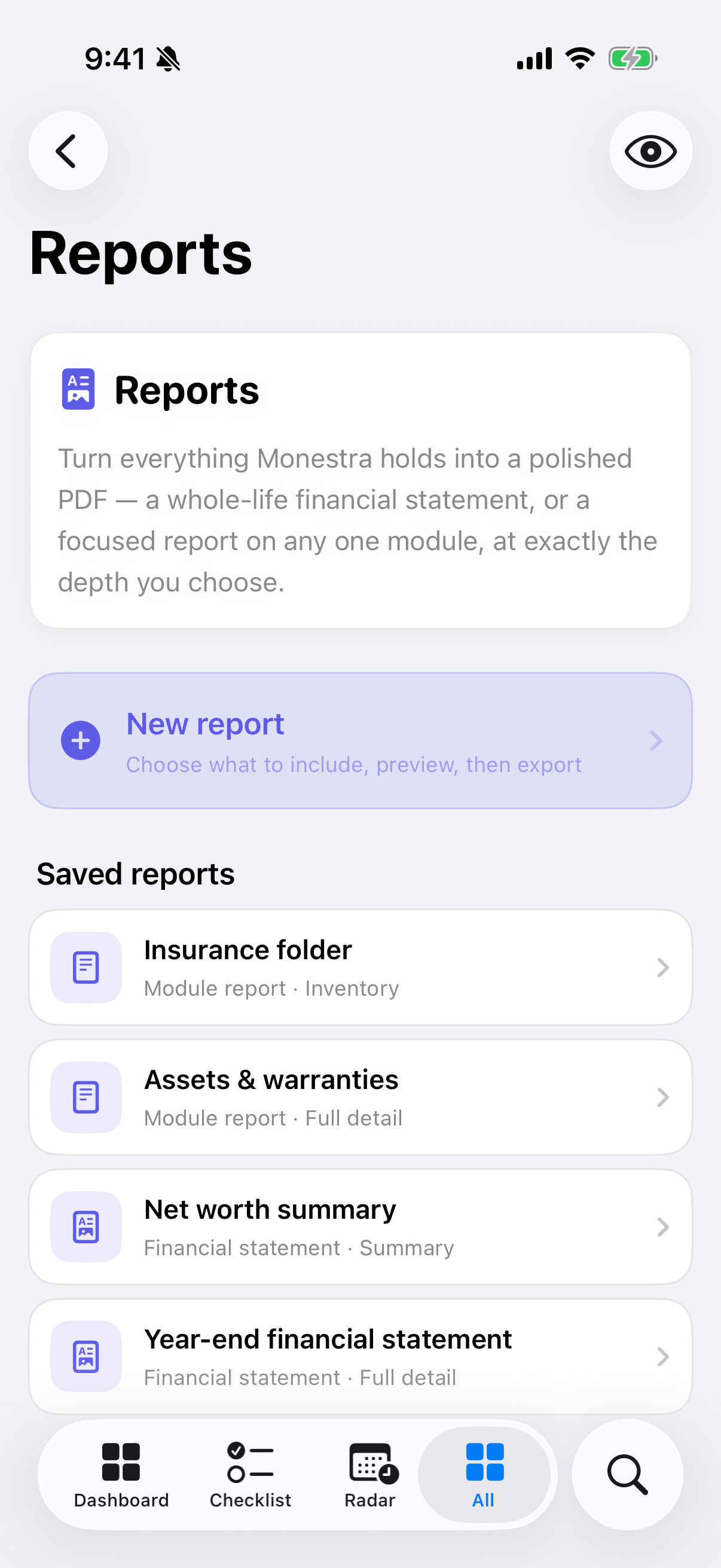 The Reports screen, with saved recipes.